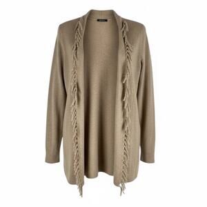 Magaschoni 100% Cashmere Fringe Trim Open Front Cardigan Brown Size XS